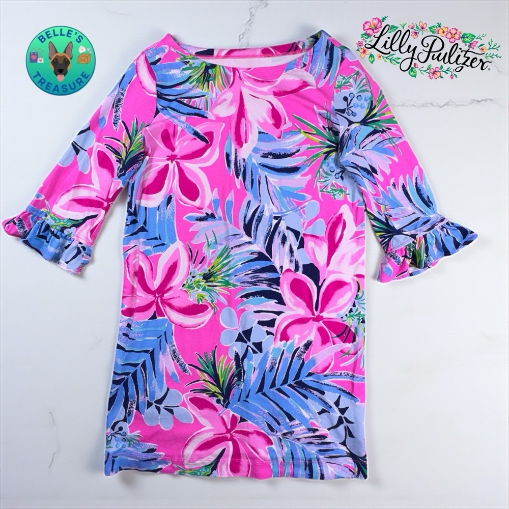 Lilly Pulitzer Sophie‎ Dress Girls Large 8-10 Pink Tropical Floral Ruffle Sleeve